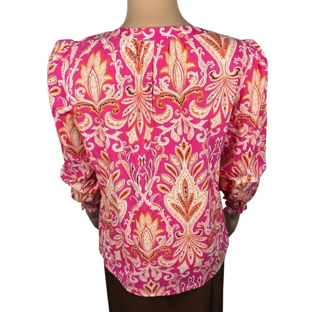 NWT New LOFT Paisley Smocked Cuff V-Neck Cotton Blend Blouse Size XS